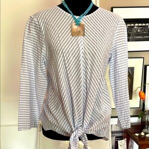 Zara Striped Blue and White Tie Front 3/4 Sleeve Blouse 💯 Cotton Size M